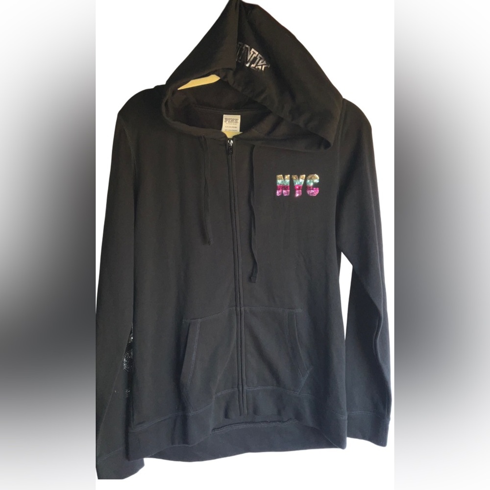 PINK BY VS BLACK SEQUINS ZIP UP HOODIE “NYC” SZ S